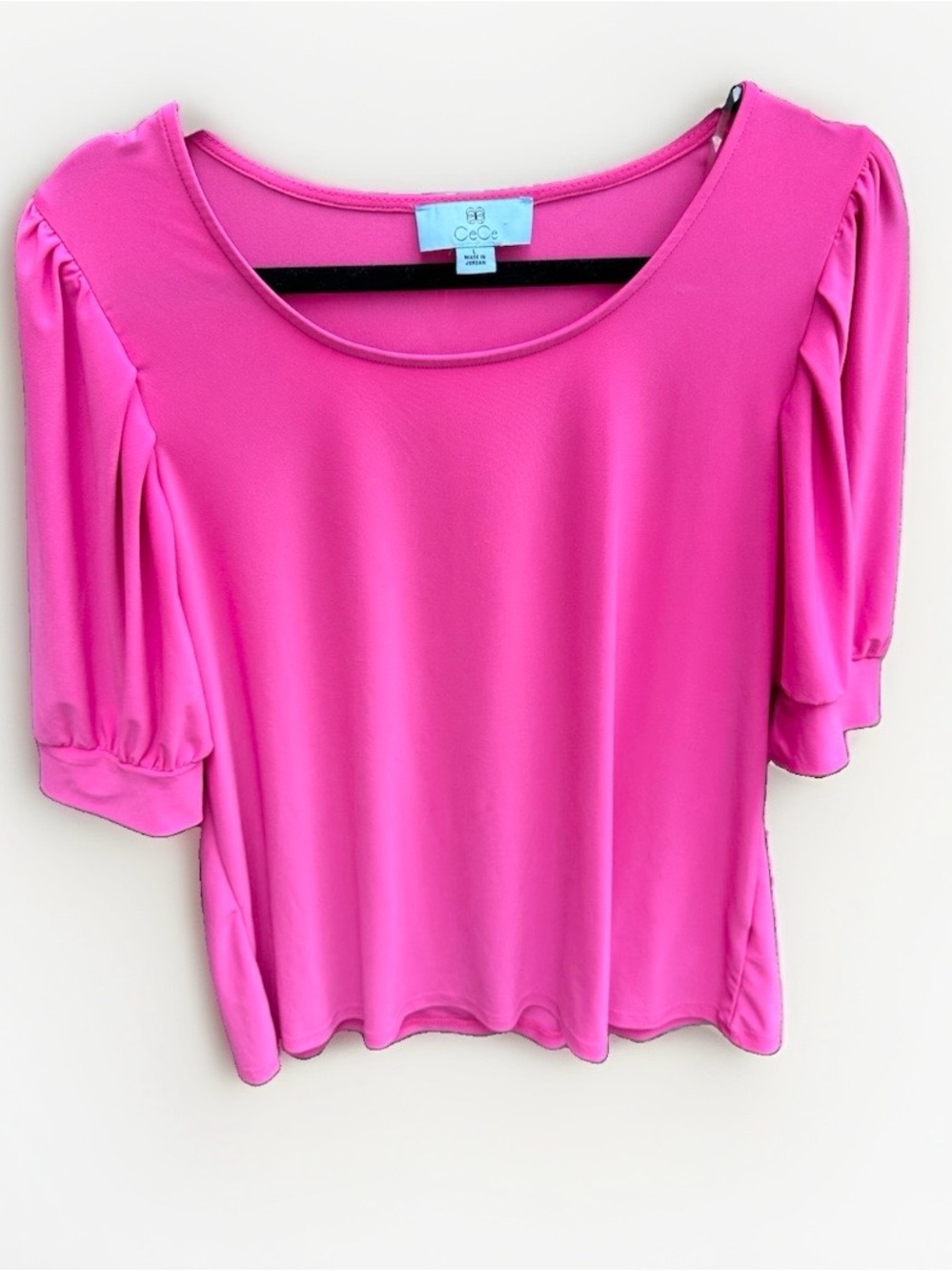 CeCe Hot Pink Puff Sleeve Scoop Neck Blouse Top Womens Large Pleated  Sleeve